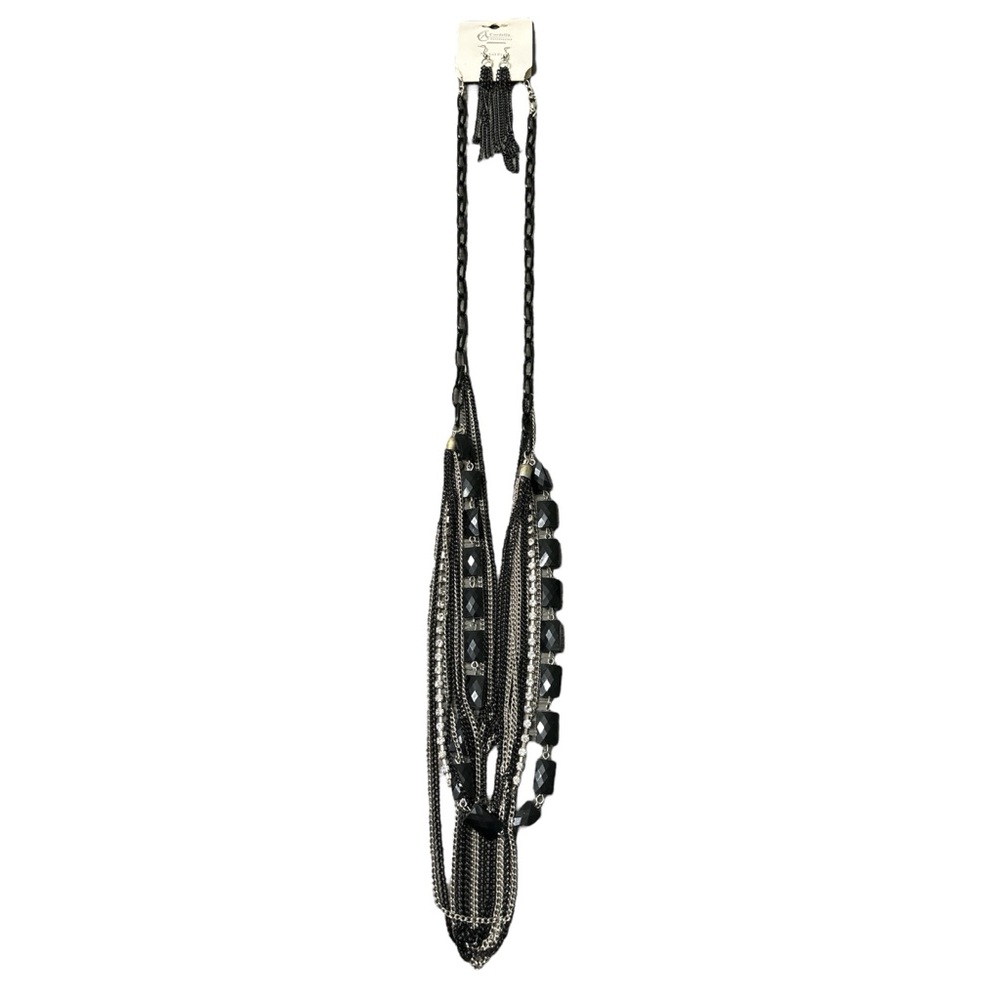 Cordelia Accessories Black Gothic Glam Multi Strand Retro Necklace & Earring Set